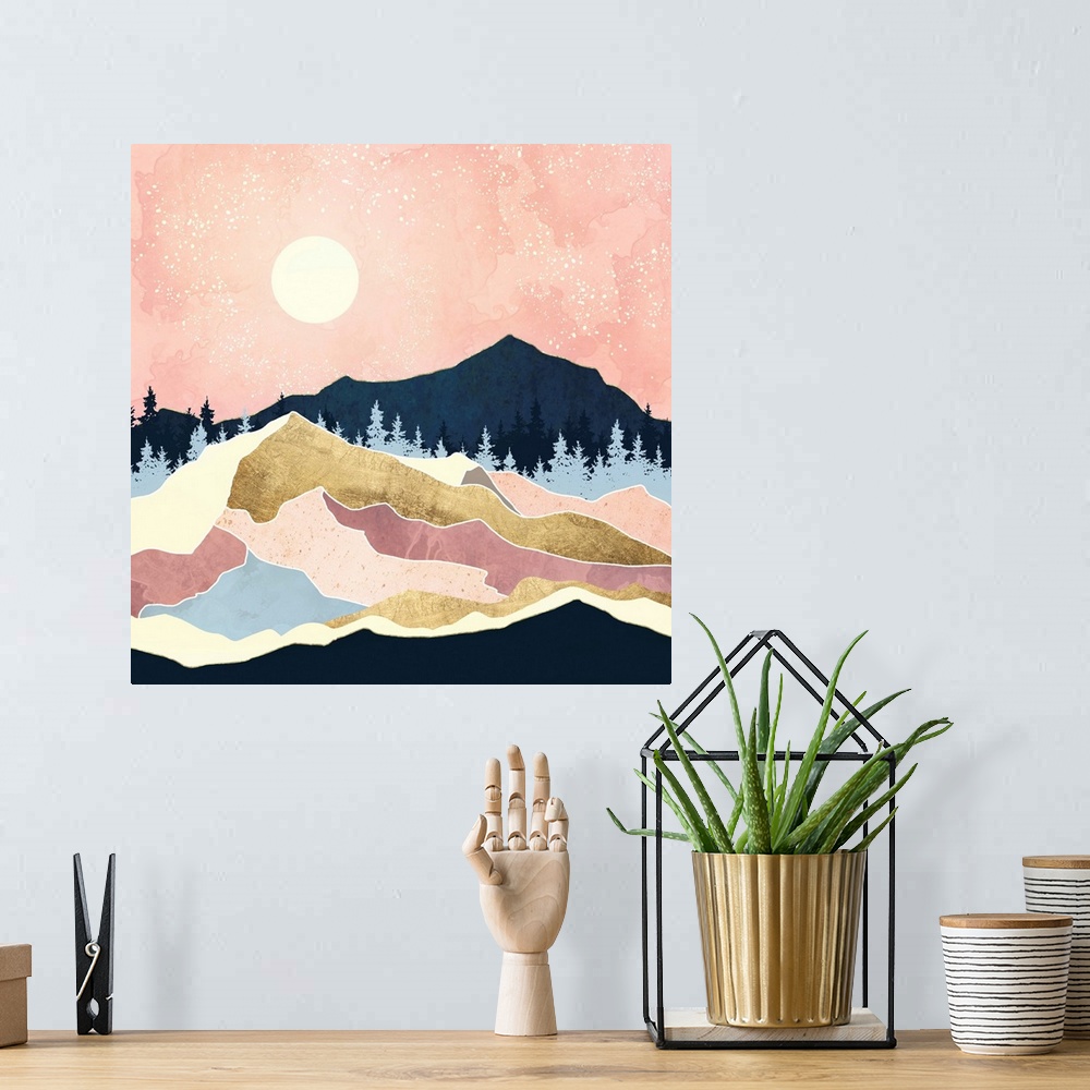 A bohemian room featuring Abstract depiction of a landscape with mountains, gold, trees, blue, coral and pink.