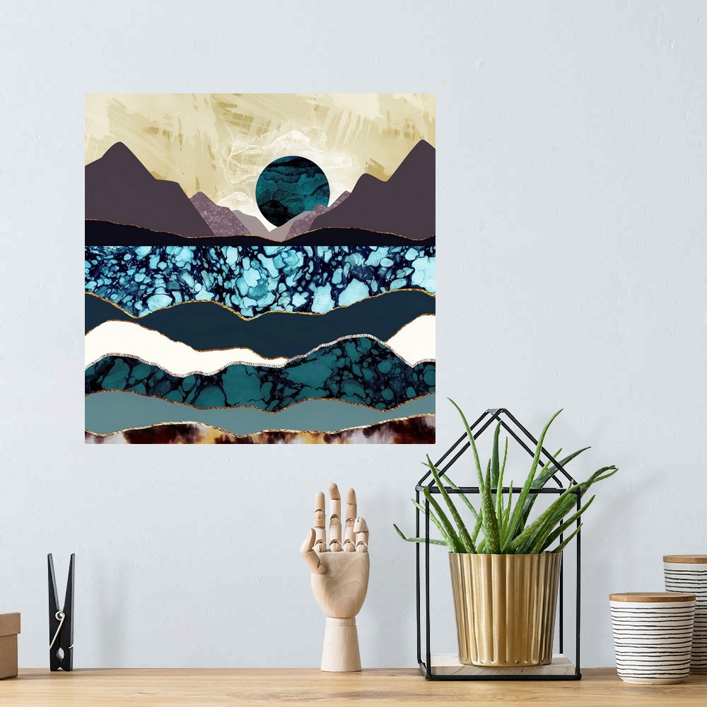A bohemian room featuring Abstract depiction of a desert lake landscape with mountains, blue, mauve and gold.