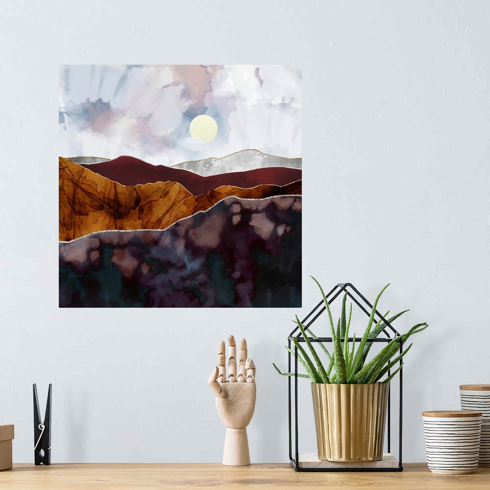 A bohemian room featuring Abstract depiction of landscape with light off in the distance and mountains.