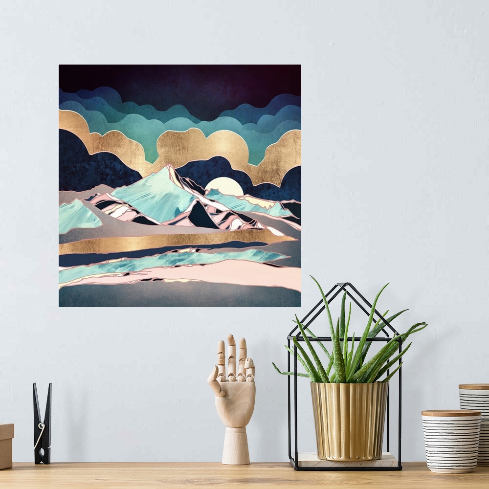A bohemian room featuring Abstract landscape of an indigo spring with mountains, blue, gold and pink.