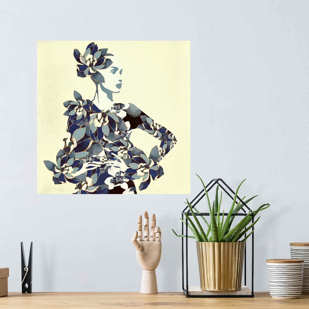 A bohemian room featuring Abstract depiction of a woman with floral print, blue, yellow and ivory.