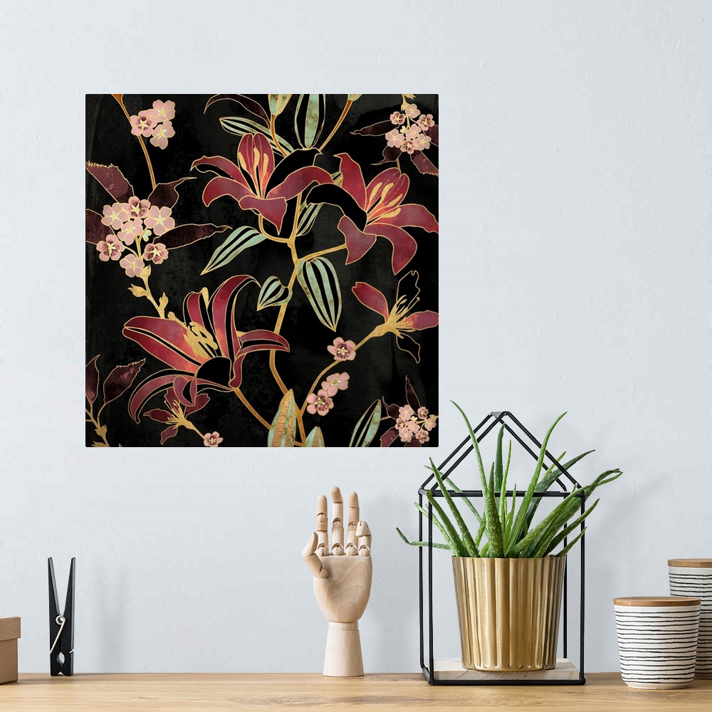 A bohemian room featuring Abstract depiction of a floral arrangements of lilies with black, gold, green and pink.