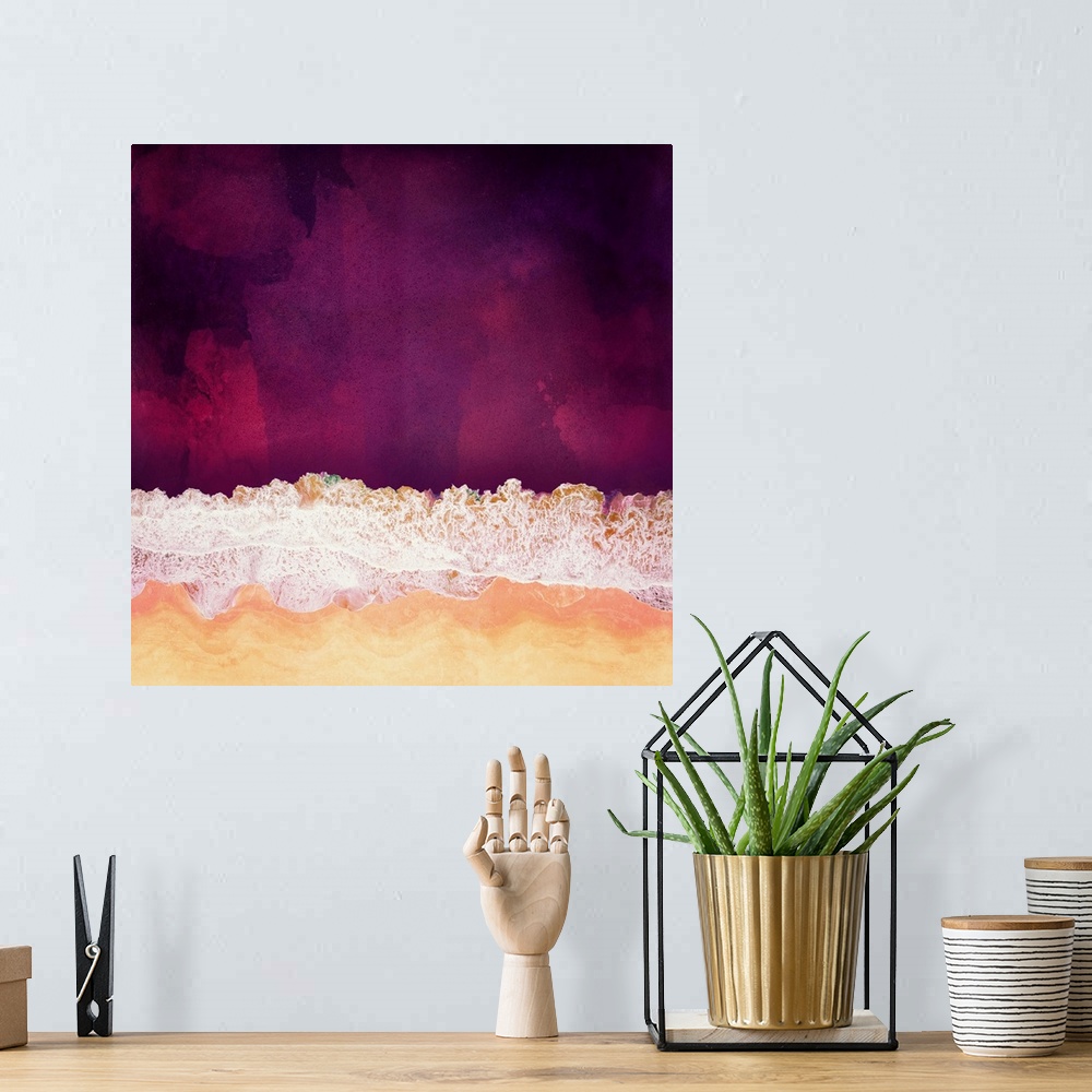 A bohemian room featuring Abstract depiction of a maroon ocean with sea foam, sand and purple.