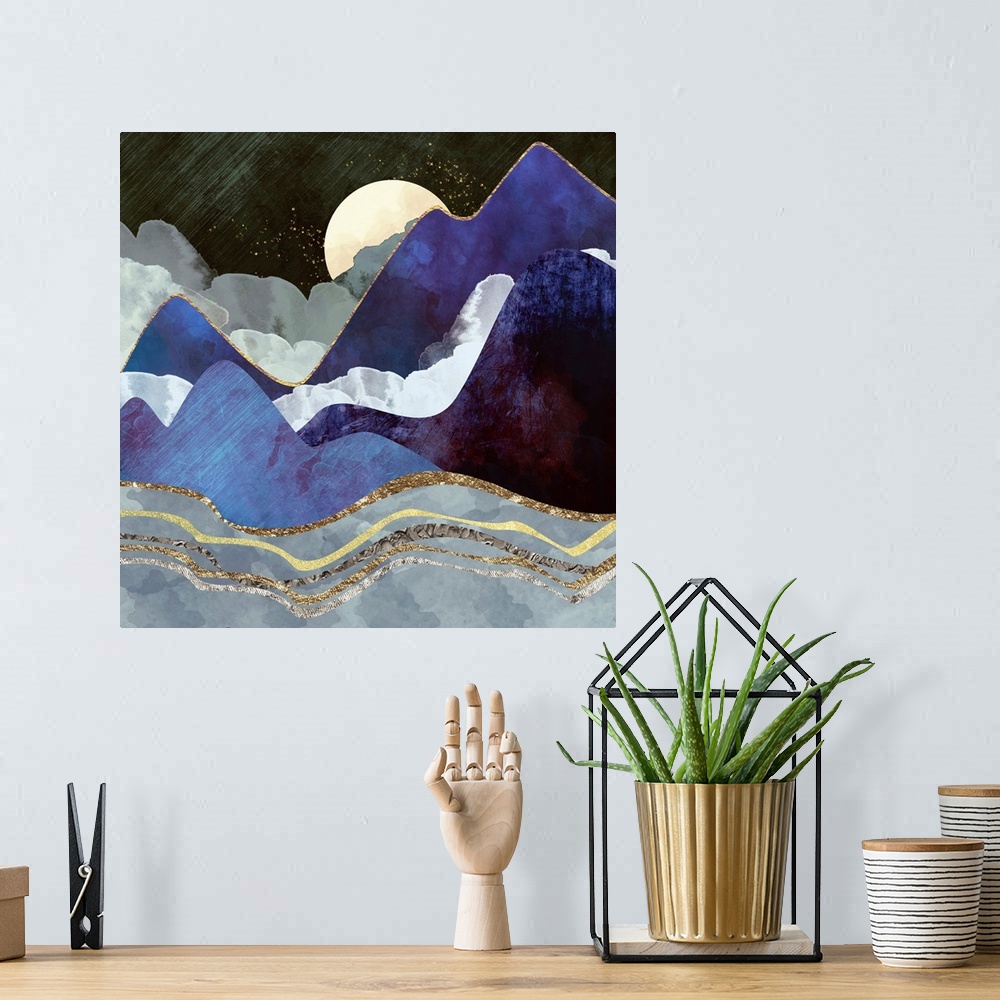A bohemian room featuring Abstract landscape featuring rolling hills, gold, silver, purple and clouds.