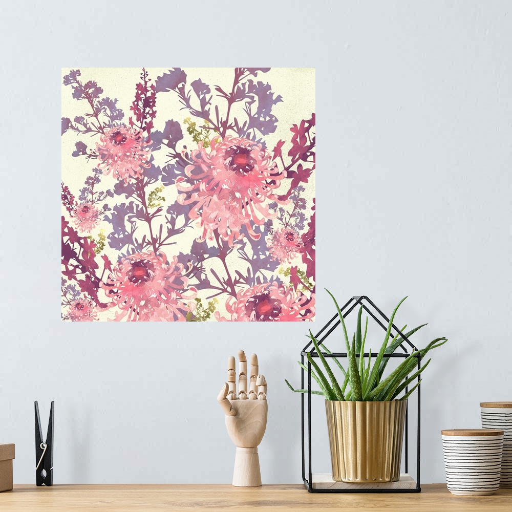 A bohemian room featuring Abstract depiction of pink flowers with mauve, maroon, lavender and yellow.