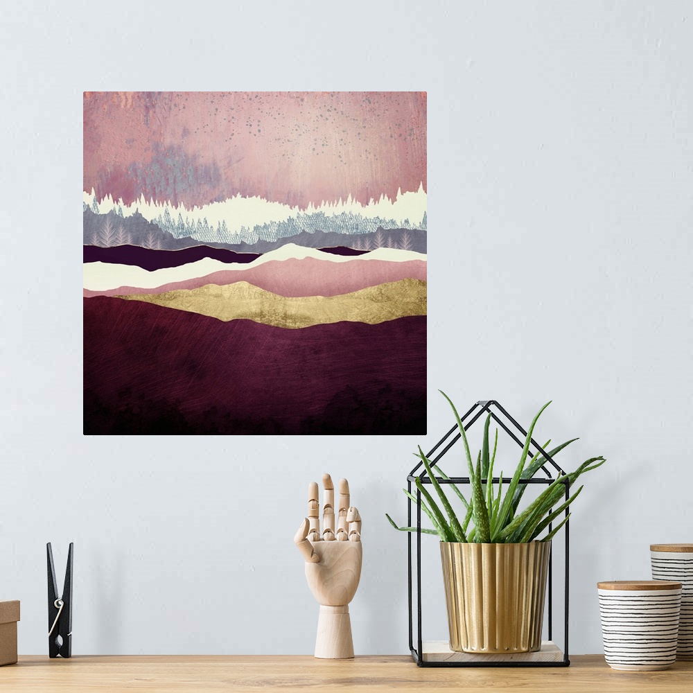 A bohemian room featuring Abstract depiction of a landscape with trees, mountains, mauve, pink and gold.