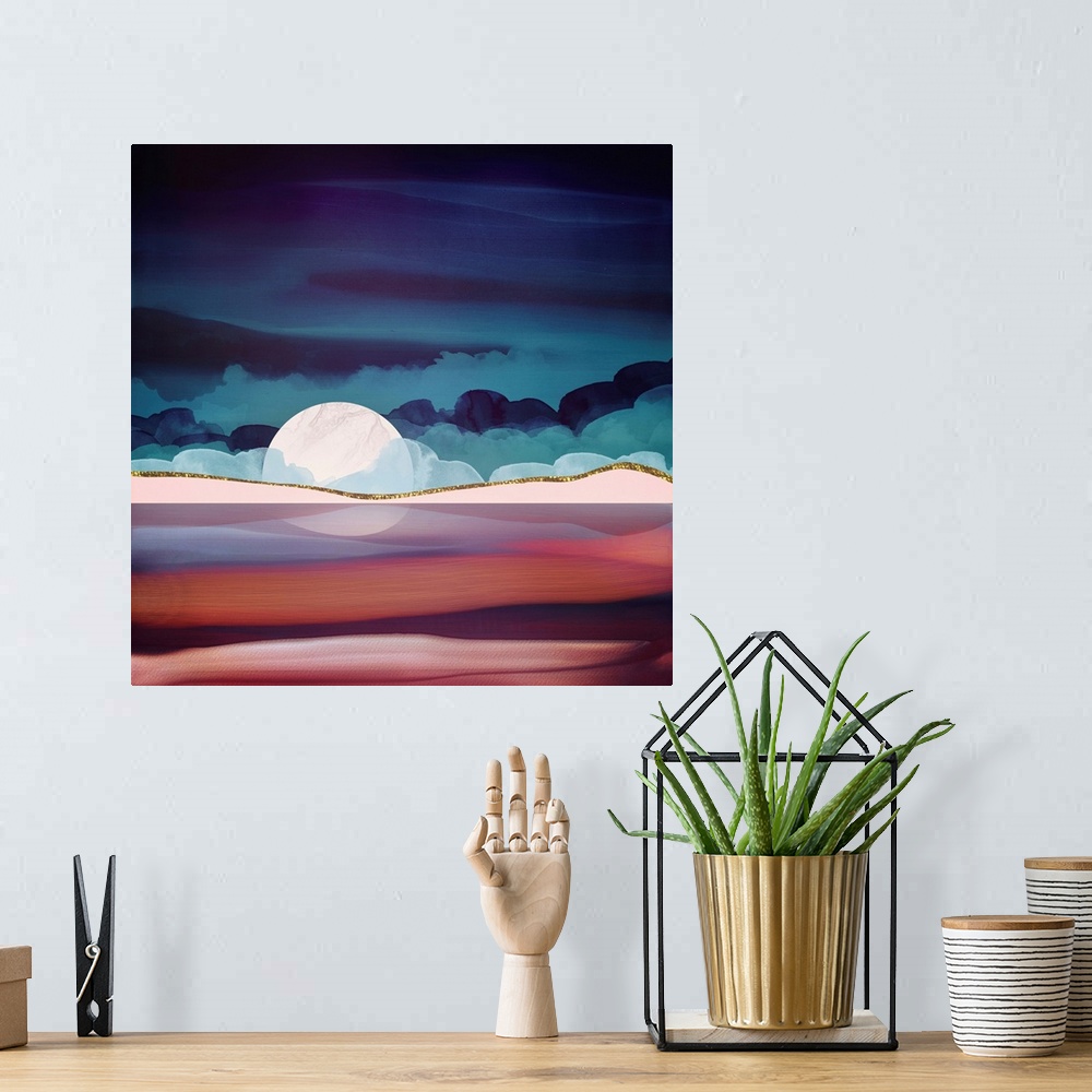 A bohemian room featuring Abstract depiction of a red sea with clouds, pink, maroon, gold and blue.