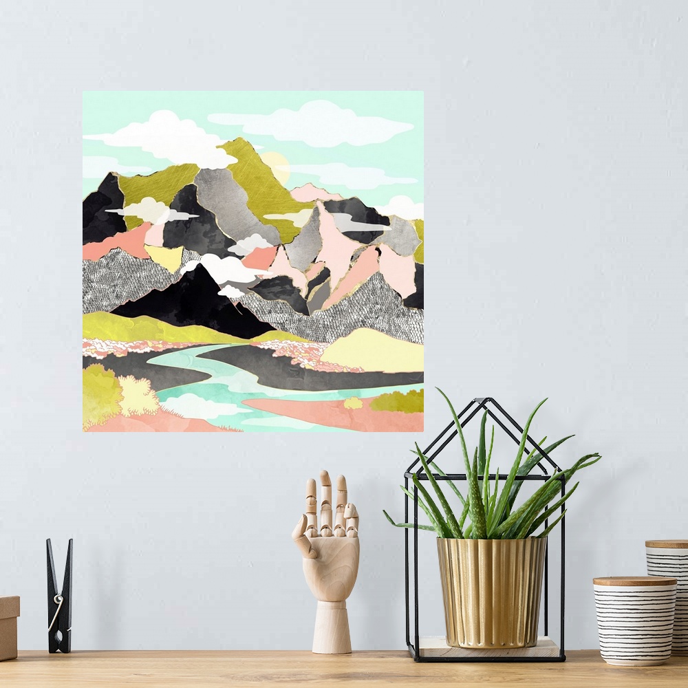 A bohemian room featuring Abstract depiction of a summer river with mountains, silver, gold, pink, green and black.