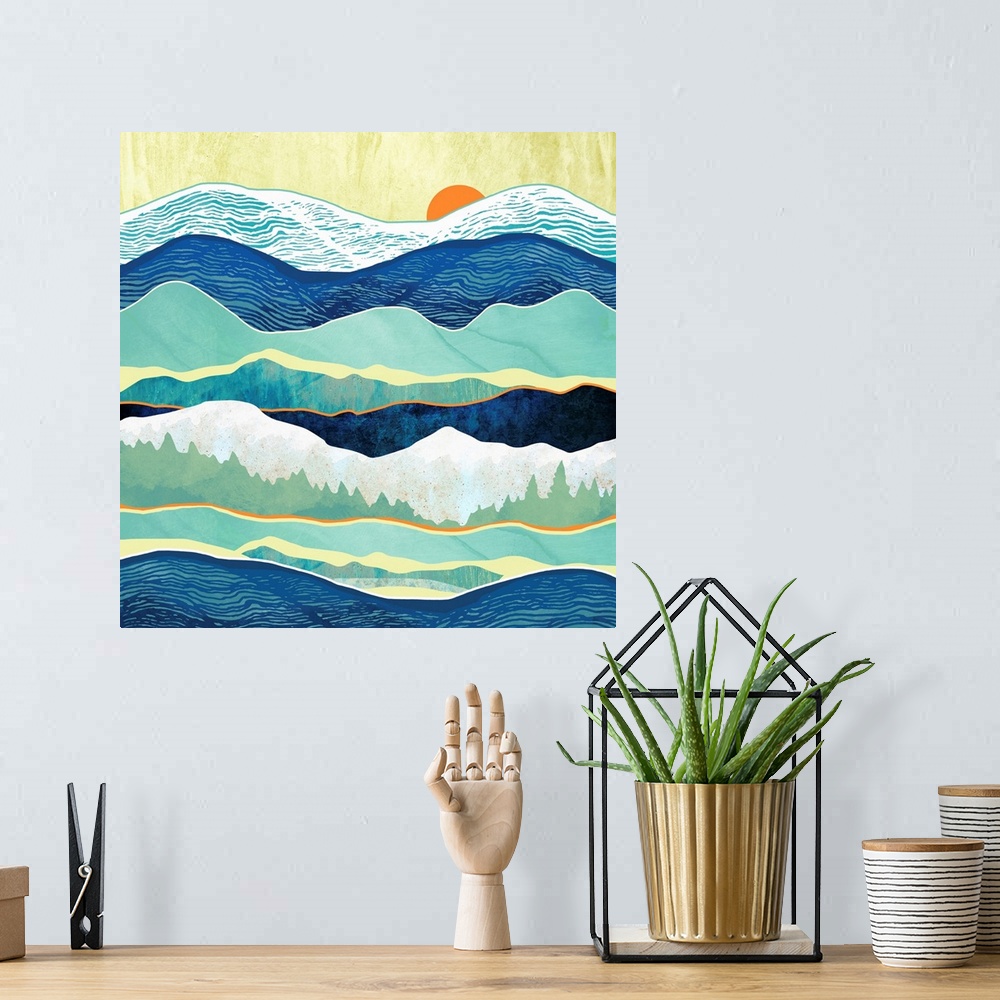 A bohemian room featuring Abstract landscape of a cold winter with blue, mountains, trees, white and green.