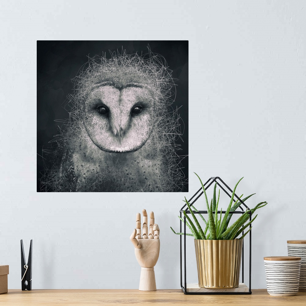 A bohemian room featuring Abstract depiction of an owl with lines, texture, black, white and grey.