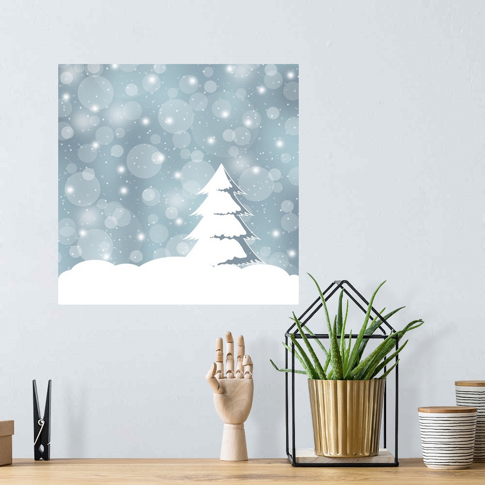 A bohemian room featuring A pine tree covered in snow during a snowfall with a bokeh background.
