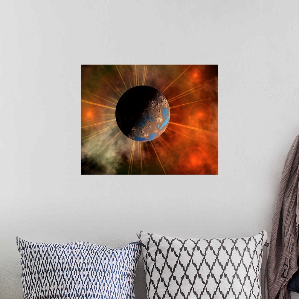 A bohemian room featuring This artist's conceptual image depicts a hypothetical planet amongst the stars. The planet has vi...