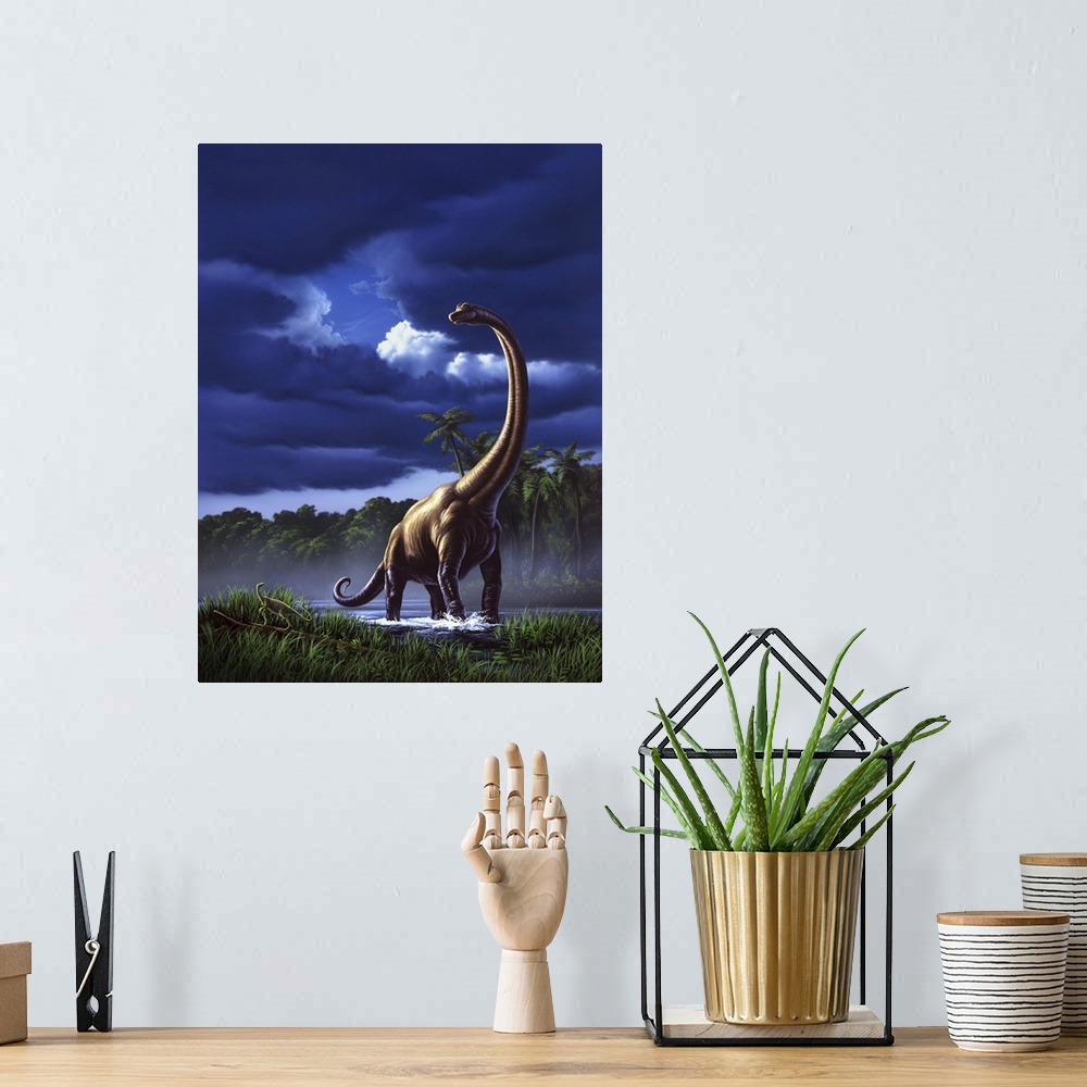A bohemian room featuring A startled Brachiosaurus splashes through a swamp against a stormy sky.