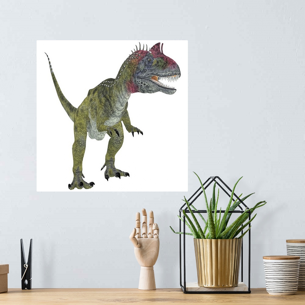 A bohemian room featuring Cryolophosaurus dinosaur, white background. Cryolophosaurus was a theropod dinosaur that lived in...