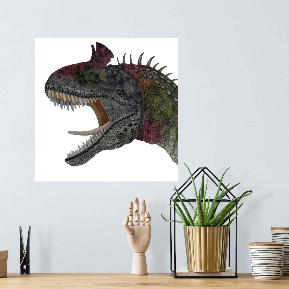 A bohemian room featuring Cryolophosaurus portrait. Cryolophosaurus was a theropod dinosaur that lived in Antarctica during...