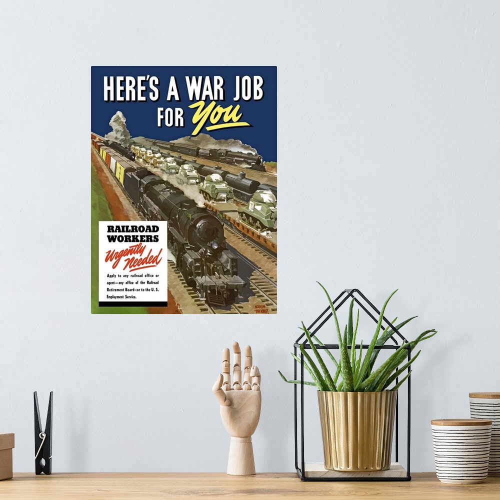 A bohemian room featuring Digitally restored vector war propaganda poster. This vintage World War II poster features trains...