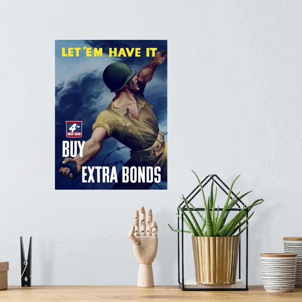 A bohemian room featuring Digitally restored vector war propaganda poster. This vintage war poster features a soldier tossi...