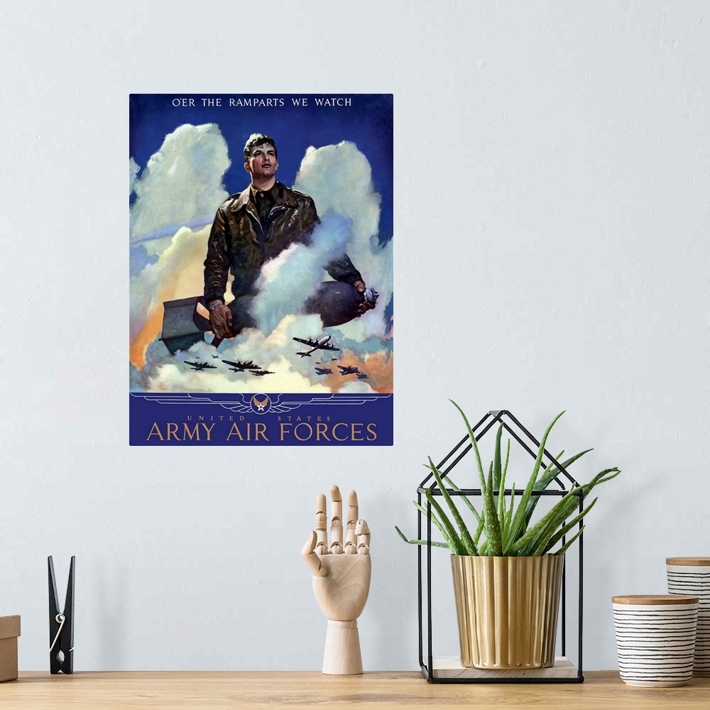 A bohemian room featuring A vintage World War Two poster on canvas featuring an American Air Force Pilot staring into the c...