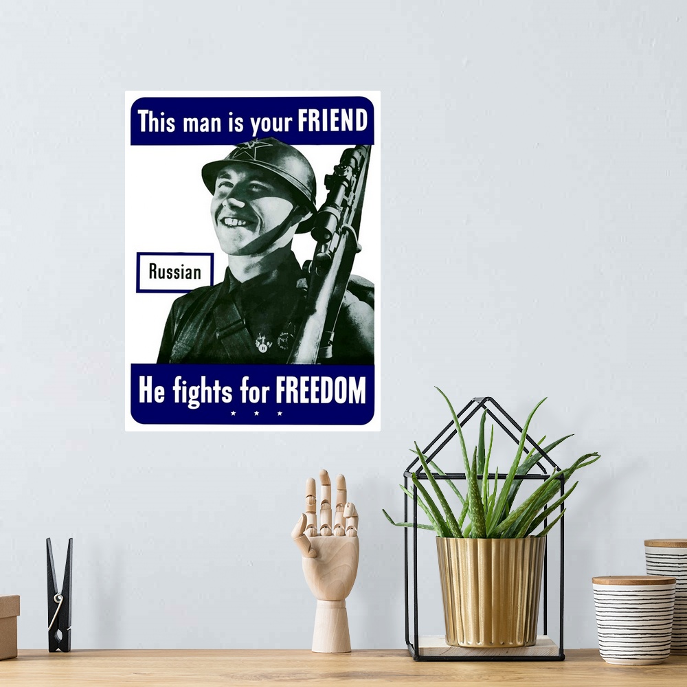 A bohemian room featuring Digitally restored vector war propaganda poster. This vintage World War Two poster features a smi...