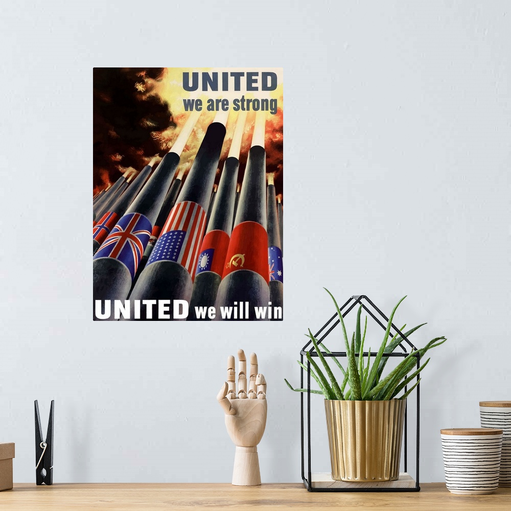 A bohemian room featuring Digitally restored vector war propaganda poster. This vintage war poster declares - United We Are...