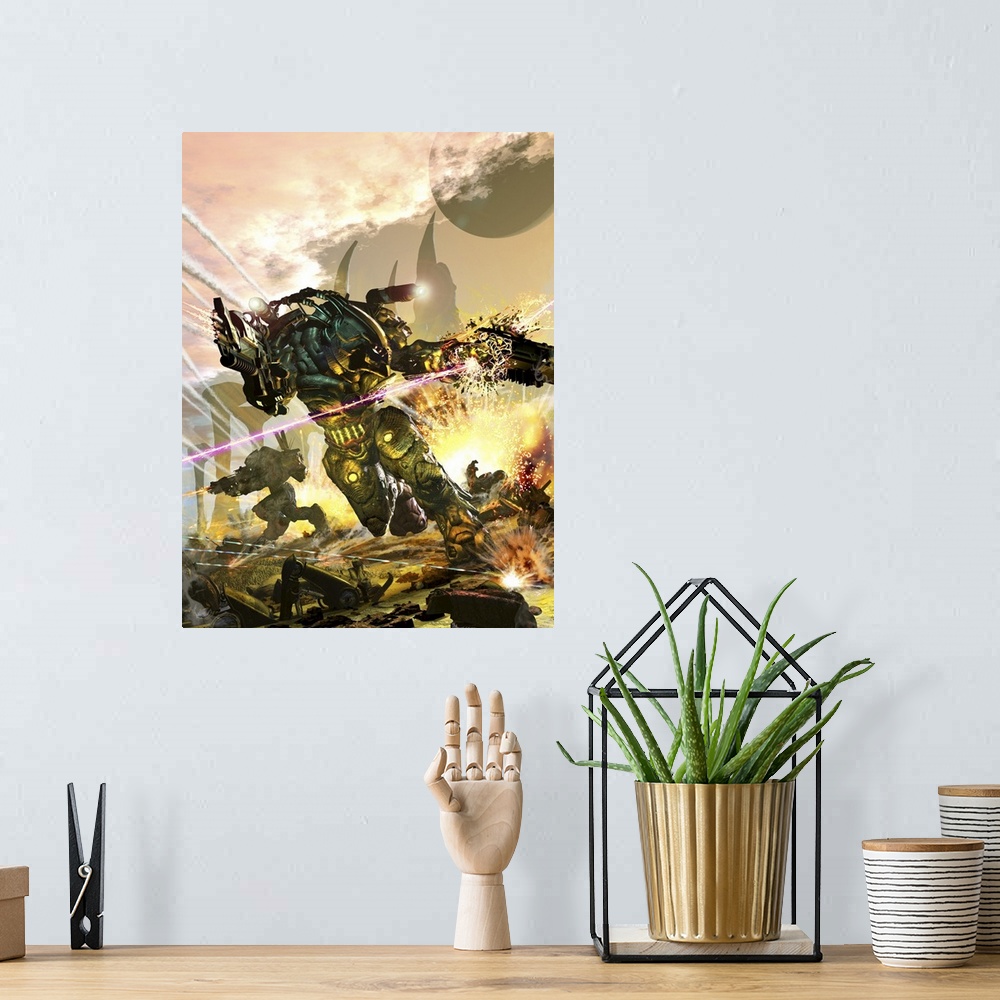 A bohemian room featuring Futuristic robotic marines charging on a battlefield.