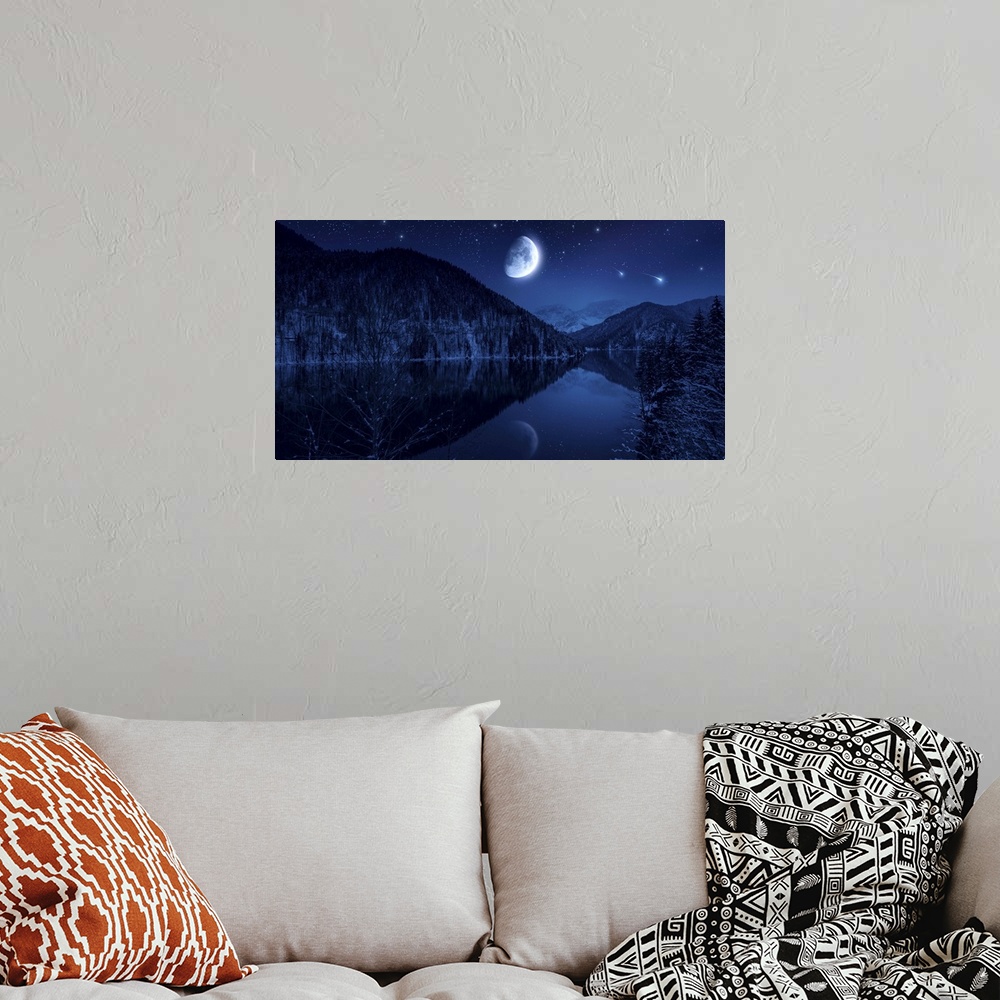 A bohemian room featuring Moon rising over tranquil lake in the misty mountains against starry sky.