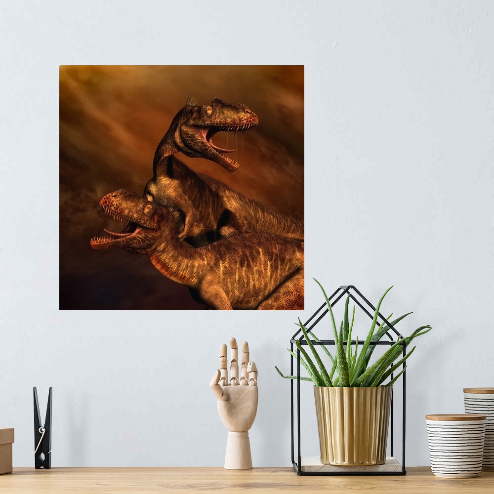 A bohemian room featuring Portrait of a pair of Megalosaurus dinosaurs.