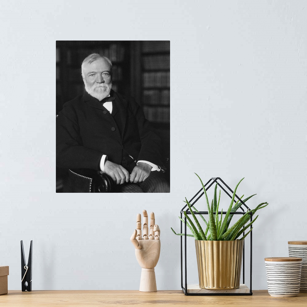 A bohemian room featuring Vintage American history photo of Andrew Carnegie seated in a library. By Frances Benjamin Johnst...