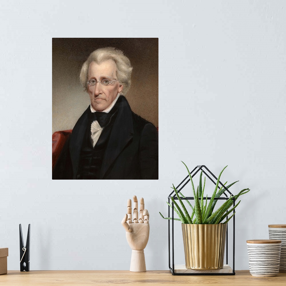 A bohemian room featuring Vintage American history painting of President Andrew Jackson.