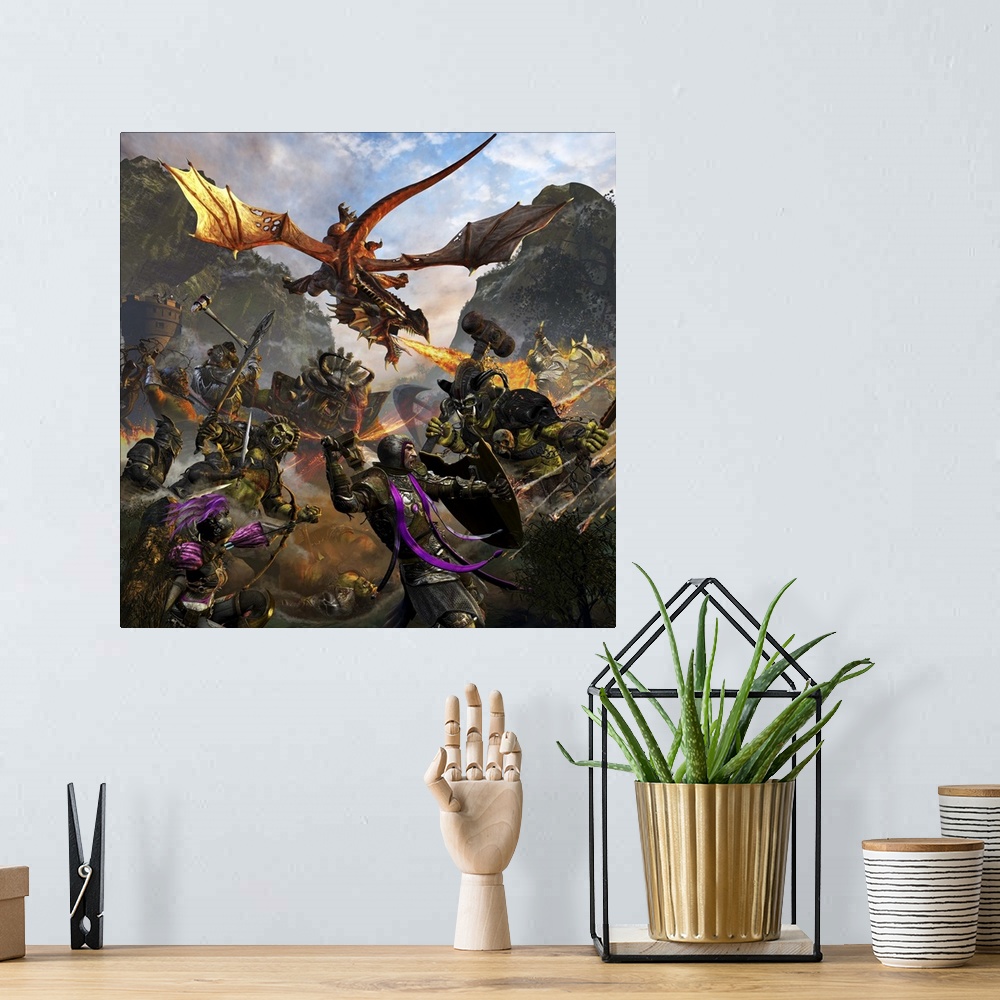 A bohemian room featuring Red dragon and orcs attacking Royal Knights with archers in the valley.