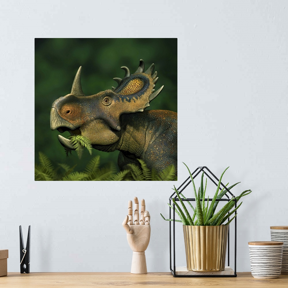A bohemian room featuring Sinoceratops dinosaur grazing on leaves.