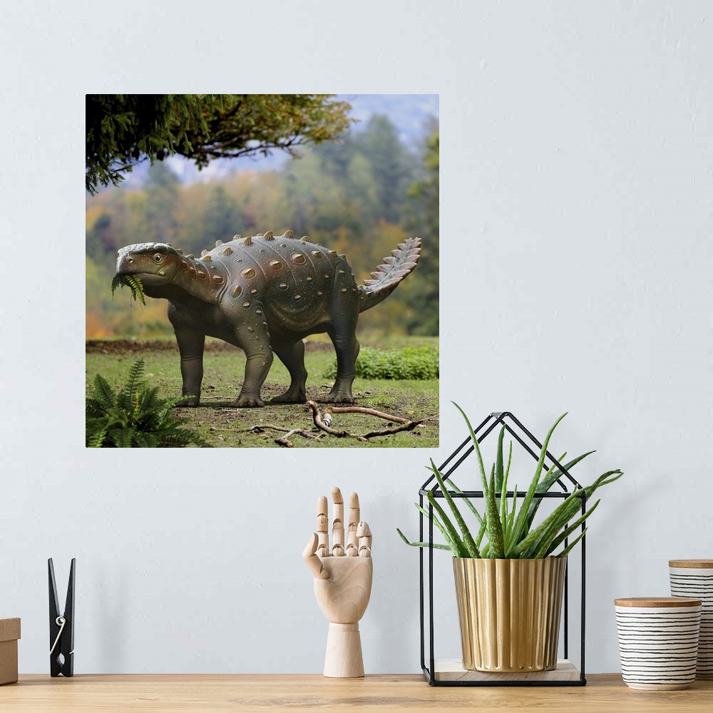 A bohemian room featuring Stegouros elengassen dinosaur roaming in the forest.