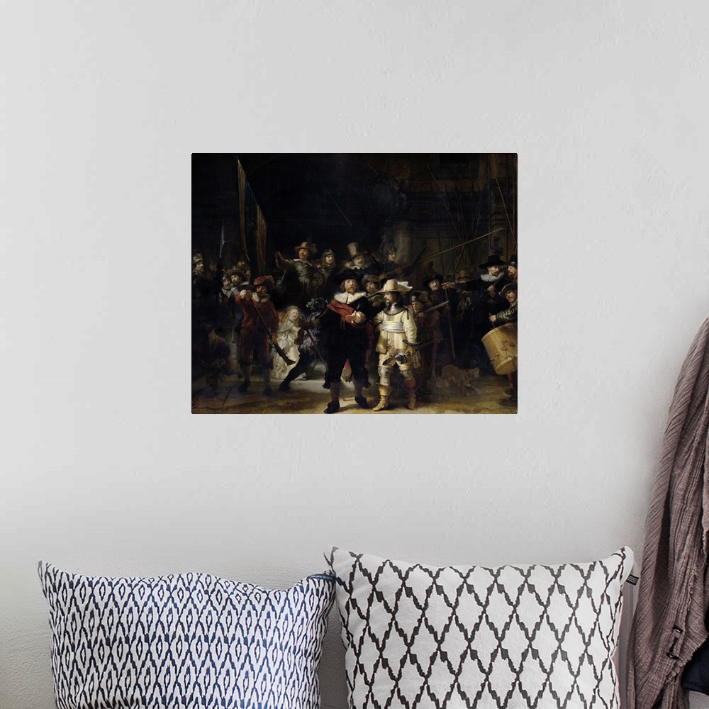 A bohemian room featuring Vintage masterpiece painting of The Shooting Company of Frans Banning Cocq and Willem van Ruytenb...