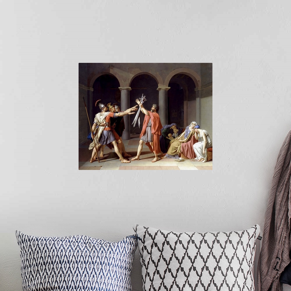 A bohemian room featuring Painting depicting the three ancient Roman Horatii brothers saluting their father as he holds the...