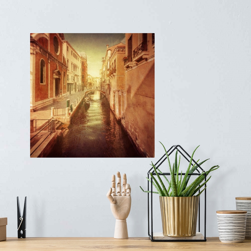 A bohemian room featuring Vintage shot of Venetian canal, Venice, Italy.