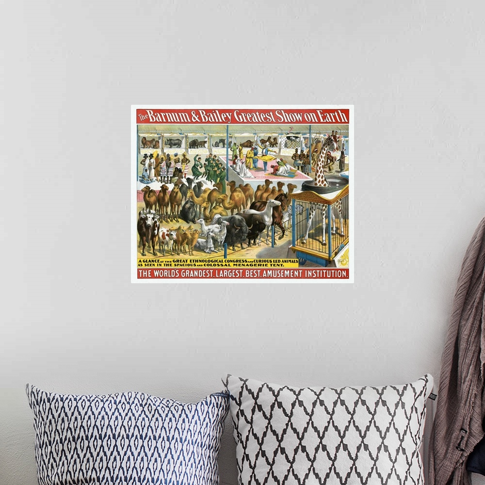 A bohemian room featuring Vintage Barnum & Bailey Circus Poster Of A Group Of People And Animals, 1895