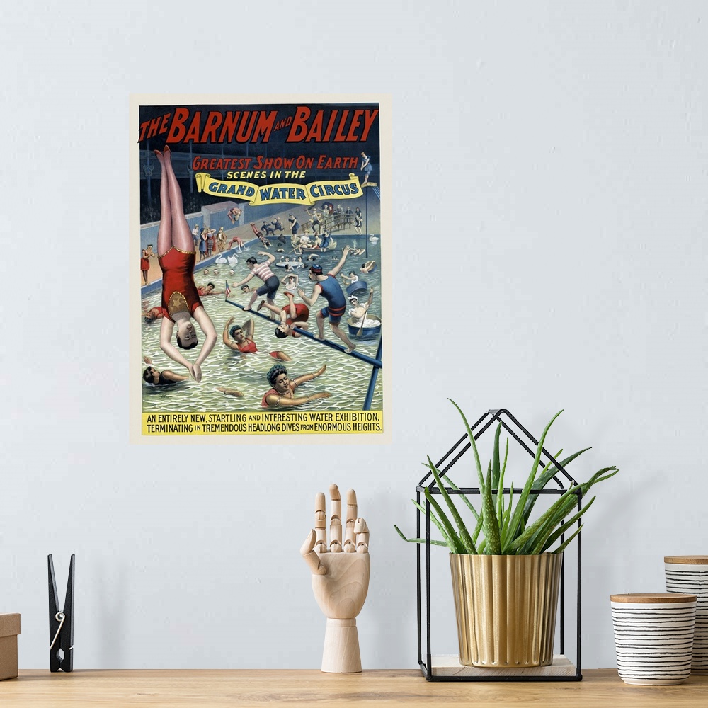A bohemian room featuring Vintage Barnum & Bailey Circus Poster Of Performers In A Pool