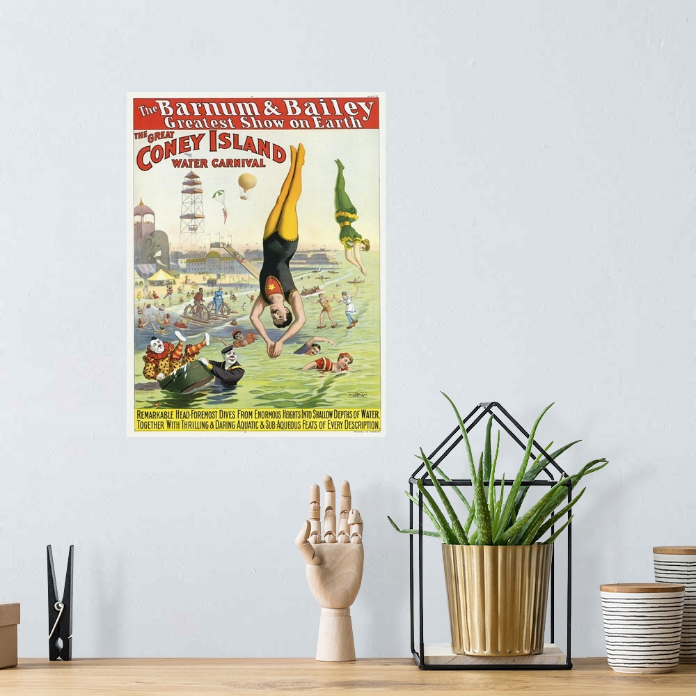 A bohemian room featuring Vintage Barnum & Bailey Circus Poster Of The Great Coney Island Water Carnival, 1898