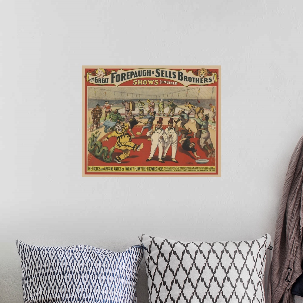 A bohemian room featuring Vintage Circus Poster Of Clowns For Adam Forepaugh & Sells Brothers
