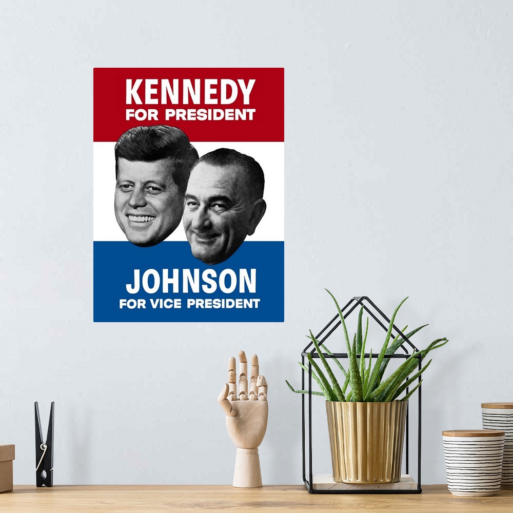 A bohemian room featuring Vintage campaign poster for Kennedy and Johnson, the 1960 Democratic Nominees.
