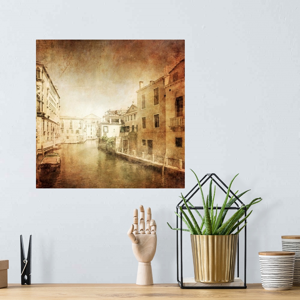 A bohemian room featuring Vintage photo of Venetian canal, Venice, Italy.