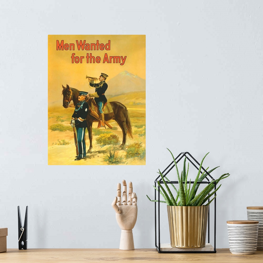 A bohemian room featuring Vintage World War I poster featuring two soldiers, one mounted on a horse blowing a bugle and the...