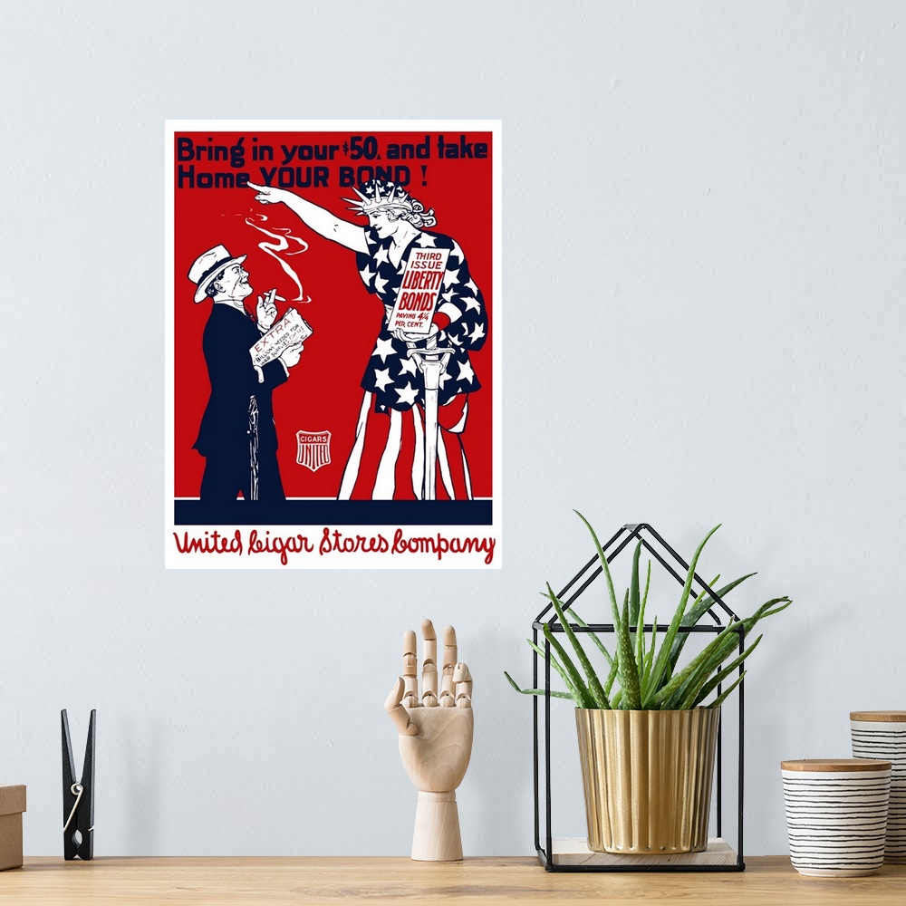 A bohemian room featuring Vintage World War I poster of a man smoking a cigar as Lady Liberty points at him. It reads, Brin...