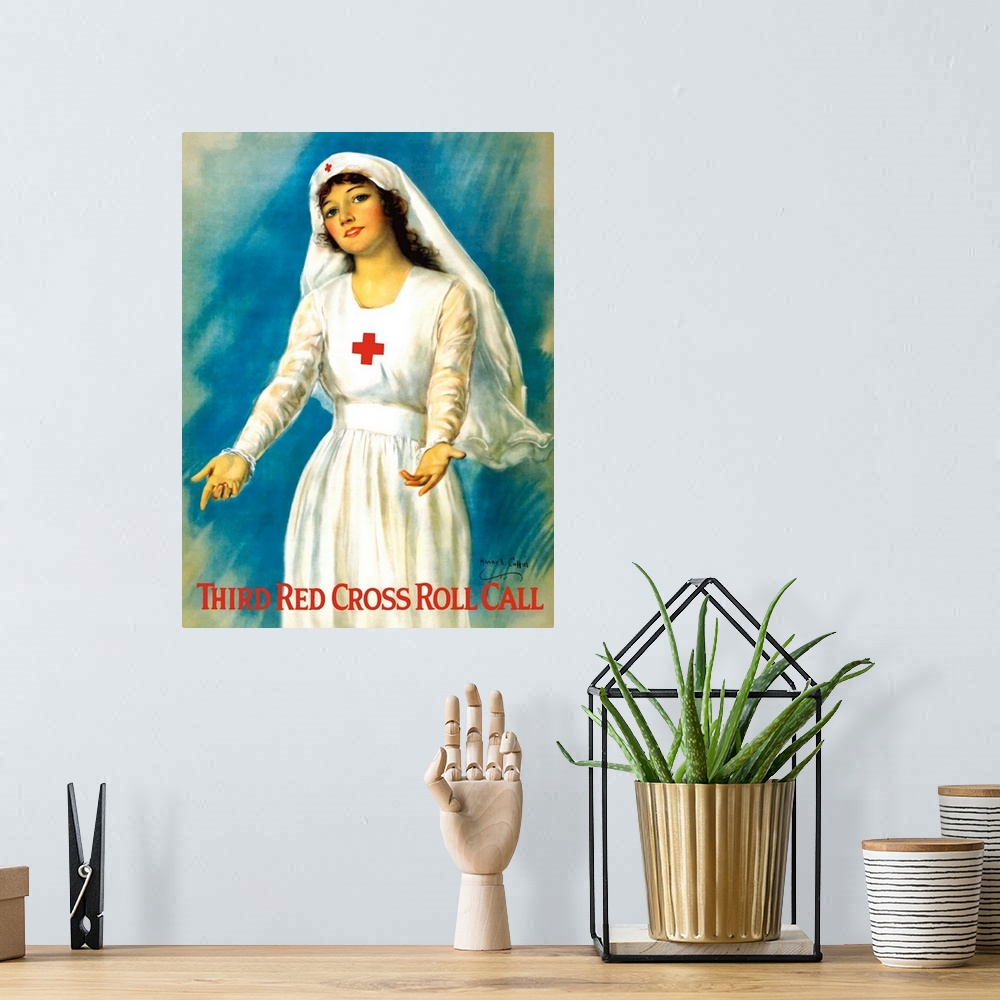 A bohemian room featuring Vintage World War One poster of a Red Cross nurse holding open her arms. It reads, Third Red Cros...