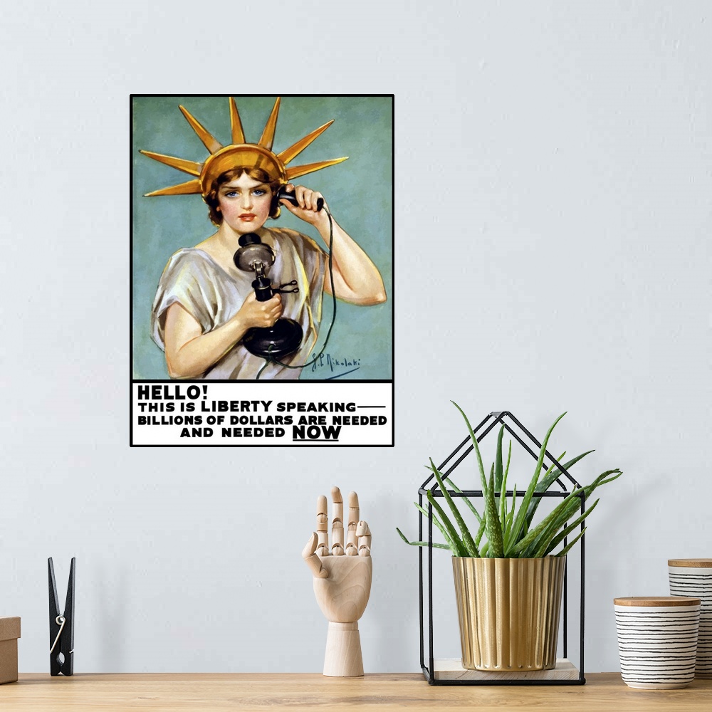 A bohemian room featuring Vintage World War I poster of the Statue of Liberty talking on the telephone. It reads, Hello! Th...