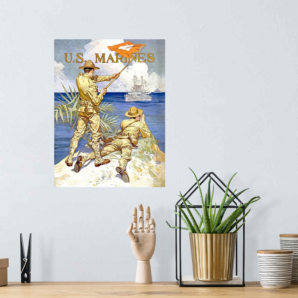 A bohemian room featuring Vintage World War One poster of two marines signaling a ship with a flag. It reads, U.S. Marines.