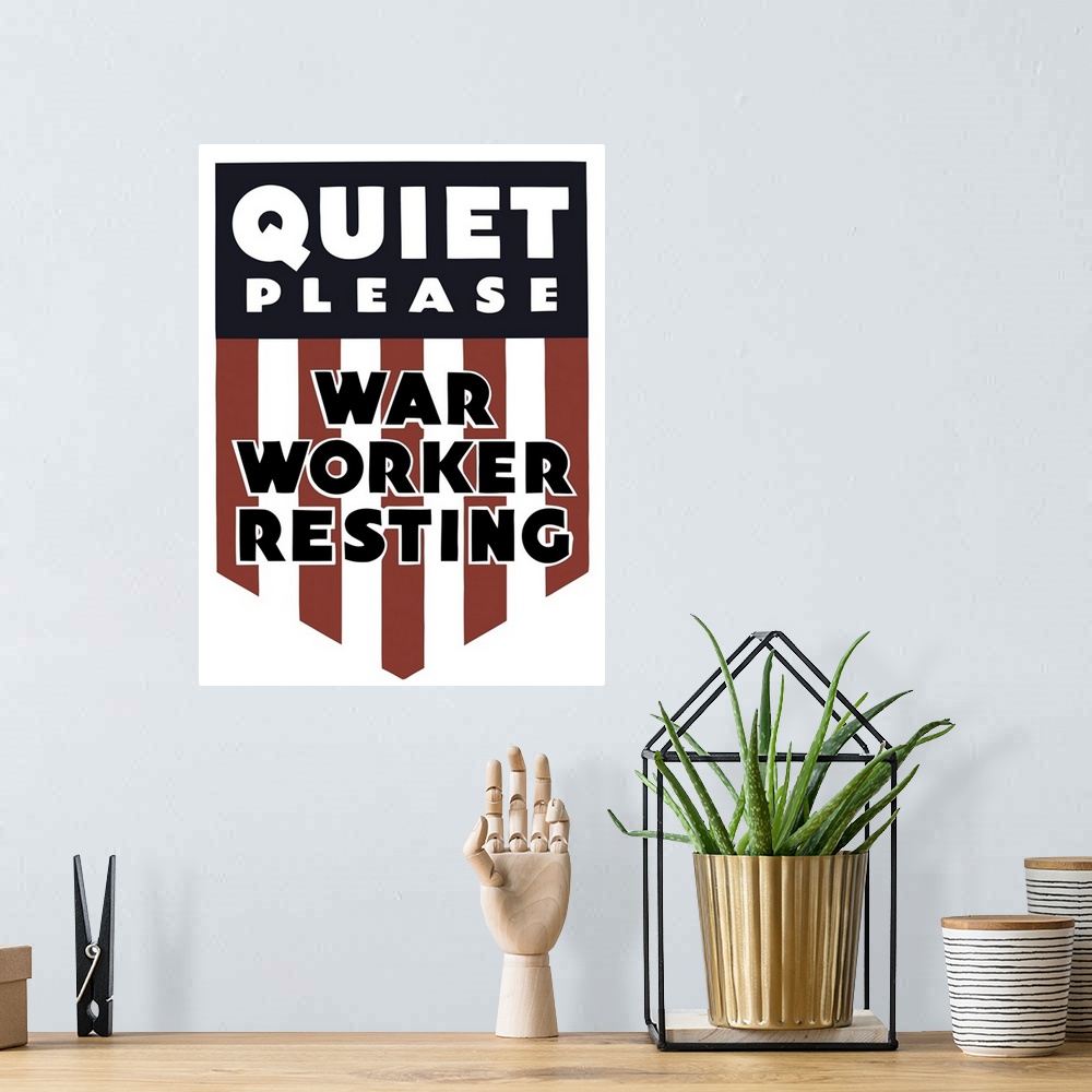 A bohemian room featuring Vintage World War II poster featuring a red, white, and blue shield