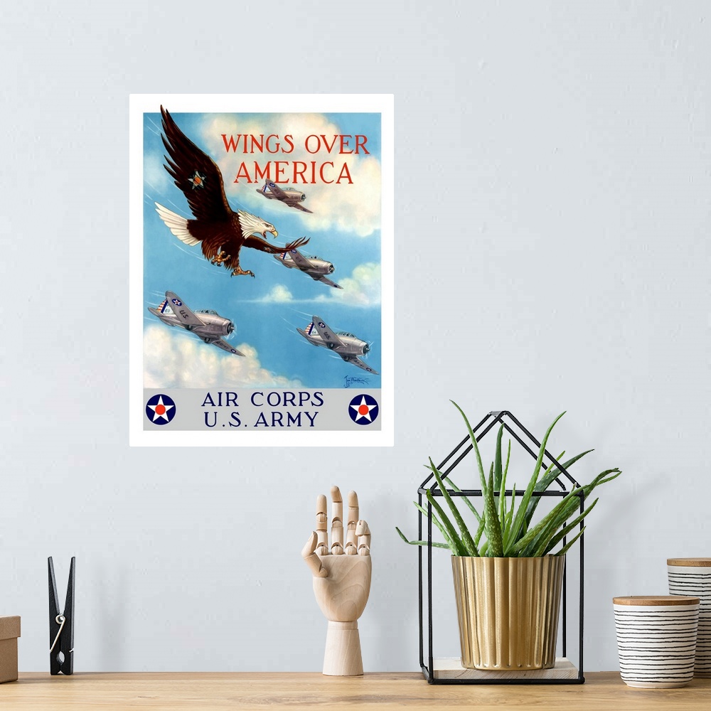 A bohemian room featuring Vintage World War II poster of a bald eagle flying in the sky with fighter planes. It declares - ...