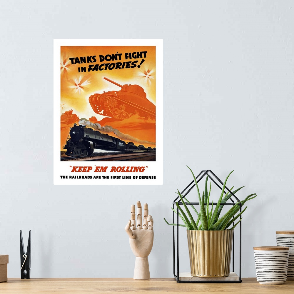 A bohemian room featuring Vintage World War II poster of tanks rolling into battle and a locomotive steaming down the track...