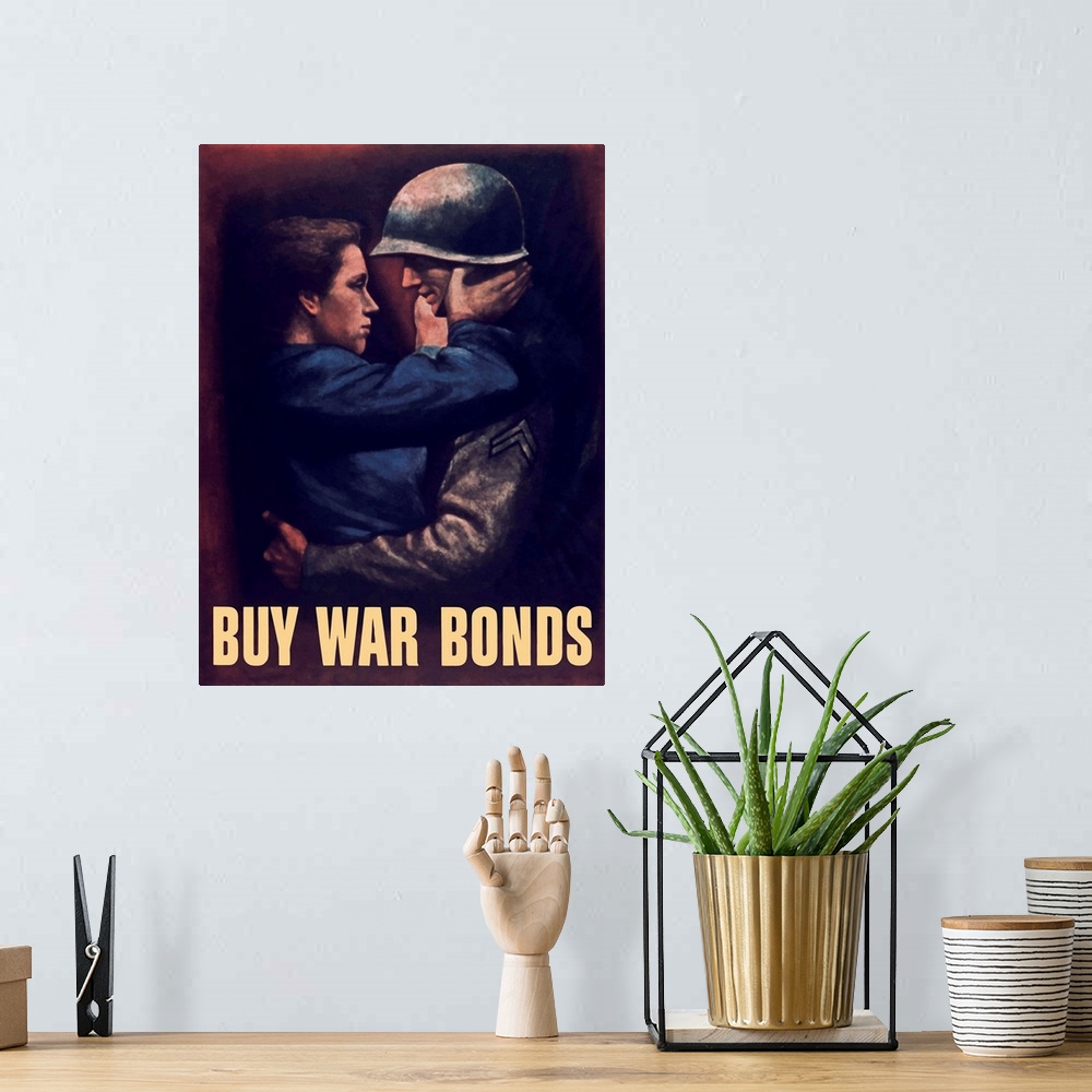 A bohemian room featuring Vintage World War II propaganda poster featuring a soldier embracing a woman. It reads, Buy War B...